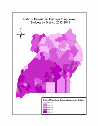 Uganda Ratio of Provisional Outturns to Approved Budgets by District, 2012-2013