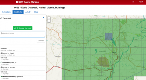 OpenStreetMap dashboard: you pick a square on the map and contribute to the effort to locate roads and communities