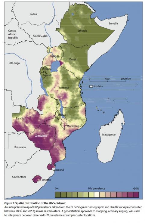 Prevalence of HIV across East Africa with purple hot spots of high prevalence