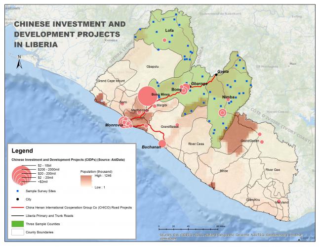 Select Chinese investment and development projects (CIDPs) in Liberia and proposed survey sites in Bong, Lofa and Nimba Counties