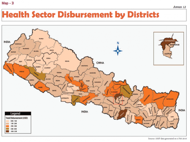 Map of health sector development assistance by district from the Government of Nepal Ministry of Finance’s FY2014/2015 Development Cooperation Report